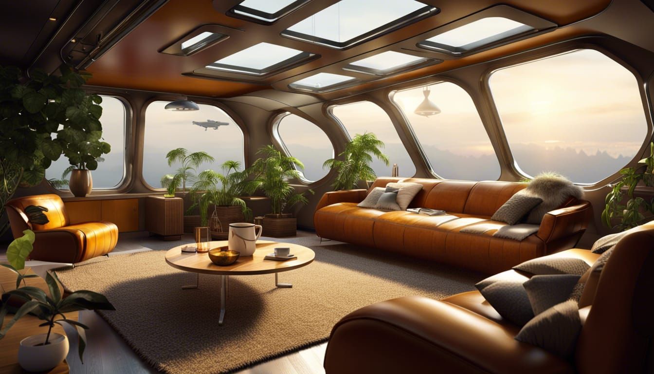 Cozy Space Station Living Room with Starship View