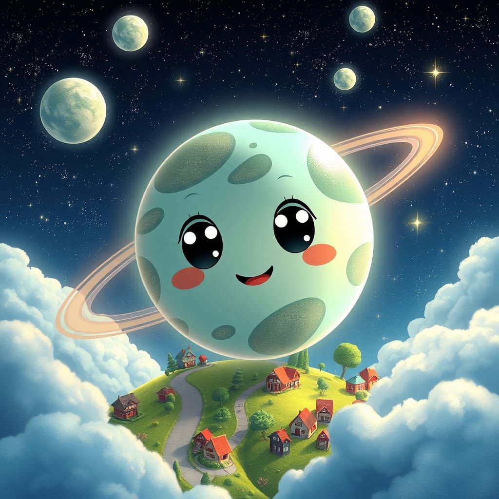 Kawaii Planet in Ghibli Style with Binary Stars