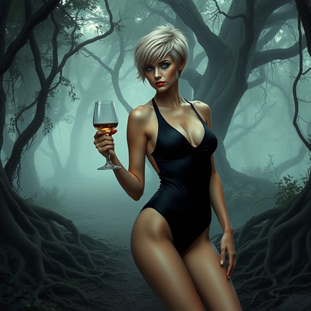 Elegant Siren Posing on Nature Trail with Wine Glass