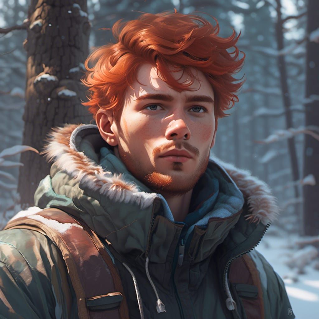 Red-Haired Man in Taiga, Hyperdetailed Portrait