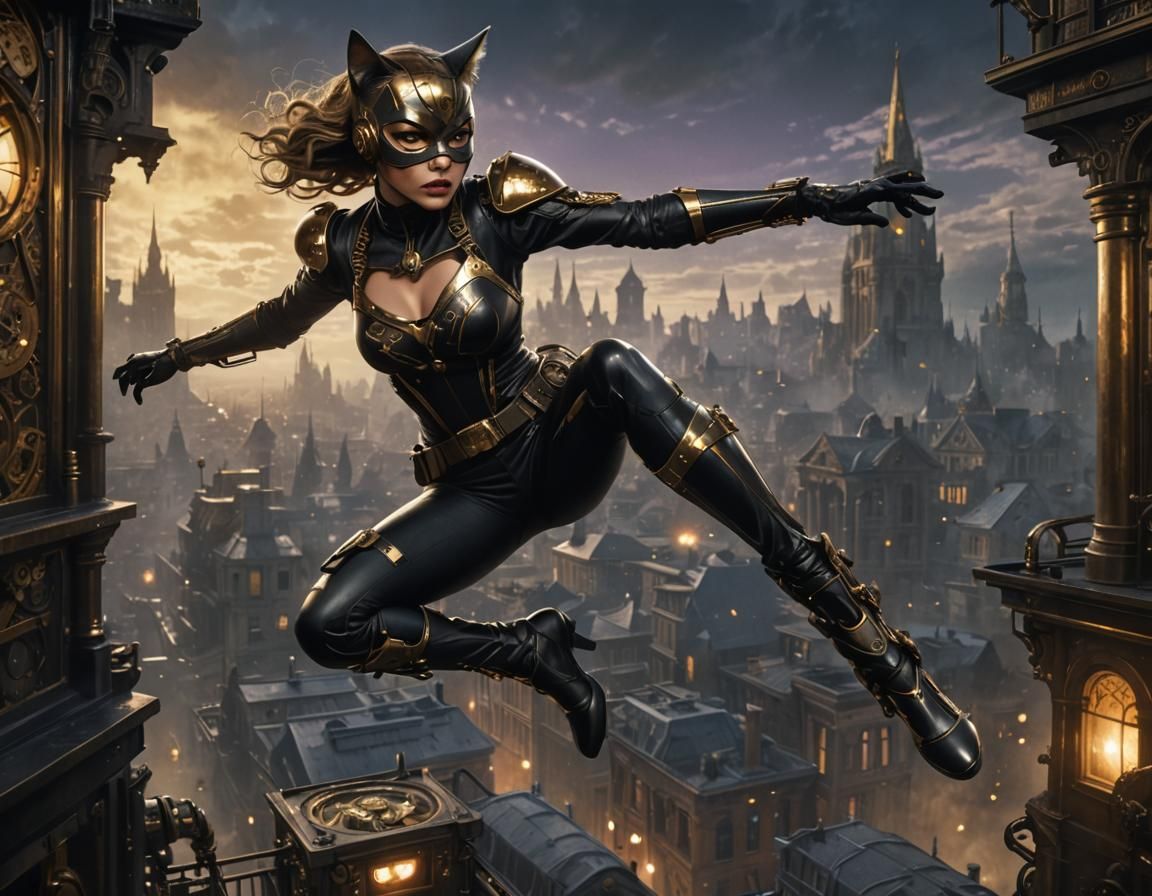 Steampunk Catwoman Action Shot in Greg Rutkowski Style