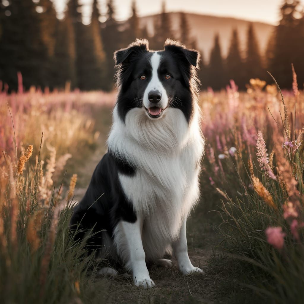 Majestic Border Collie in Sunlit Meadow, Painterly Photograp...