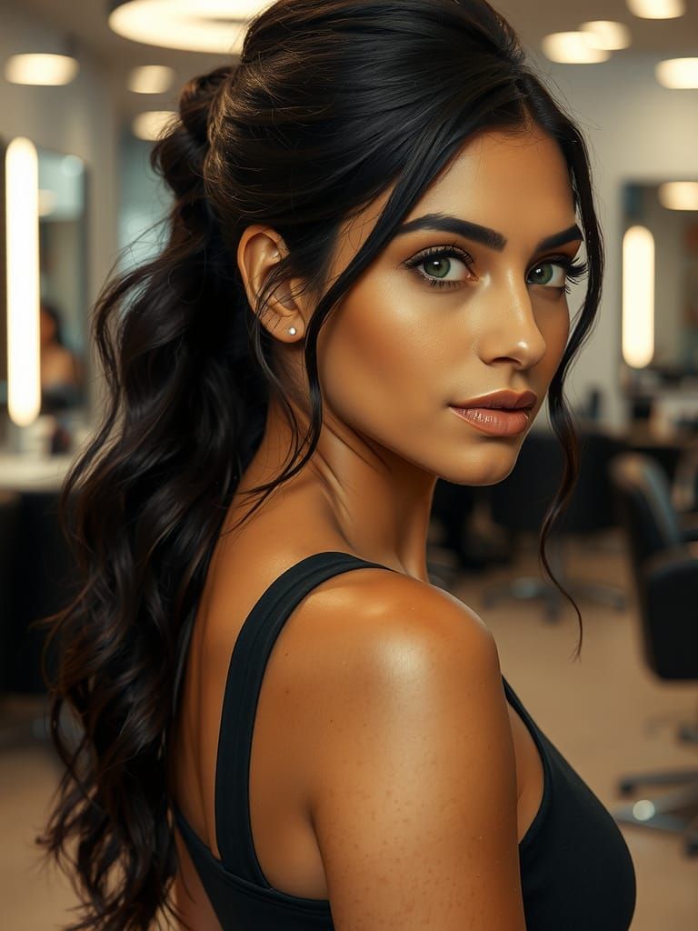 Stunning Brunette in Hair Salon: Luxury Beauty Portrait