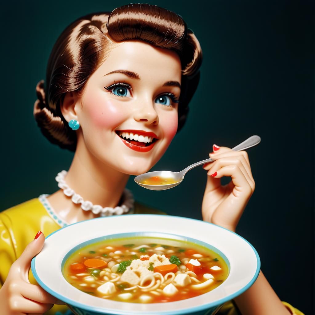 1950s Barbie Doll Eating Soup Poster Art