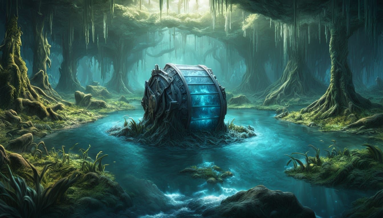 Cryostasis Chamber Sunk in Swamp: Hyperrealistic Concept Art