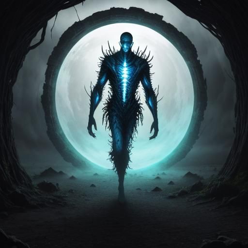 A tall, otherworldly being emerging from a portal.