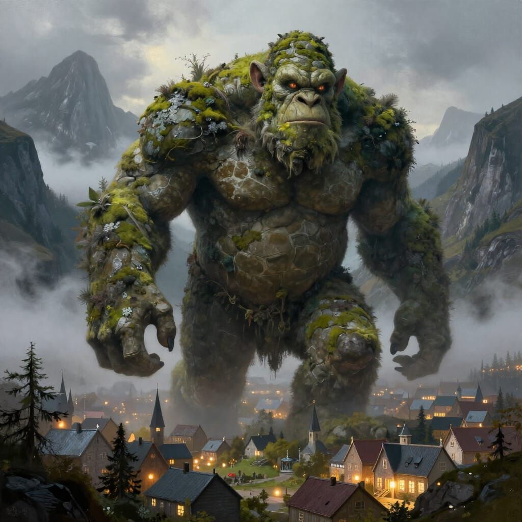 Colossal Moss Troll Approaches Nordic City in Epic Fantasy S...