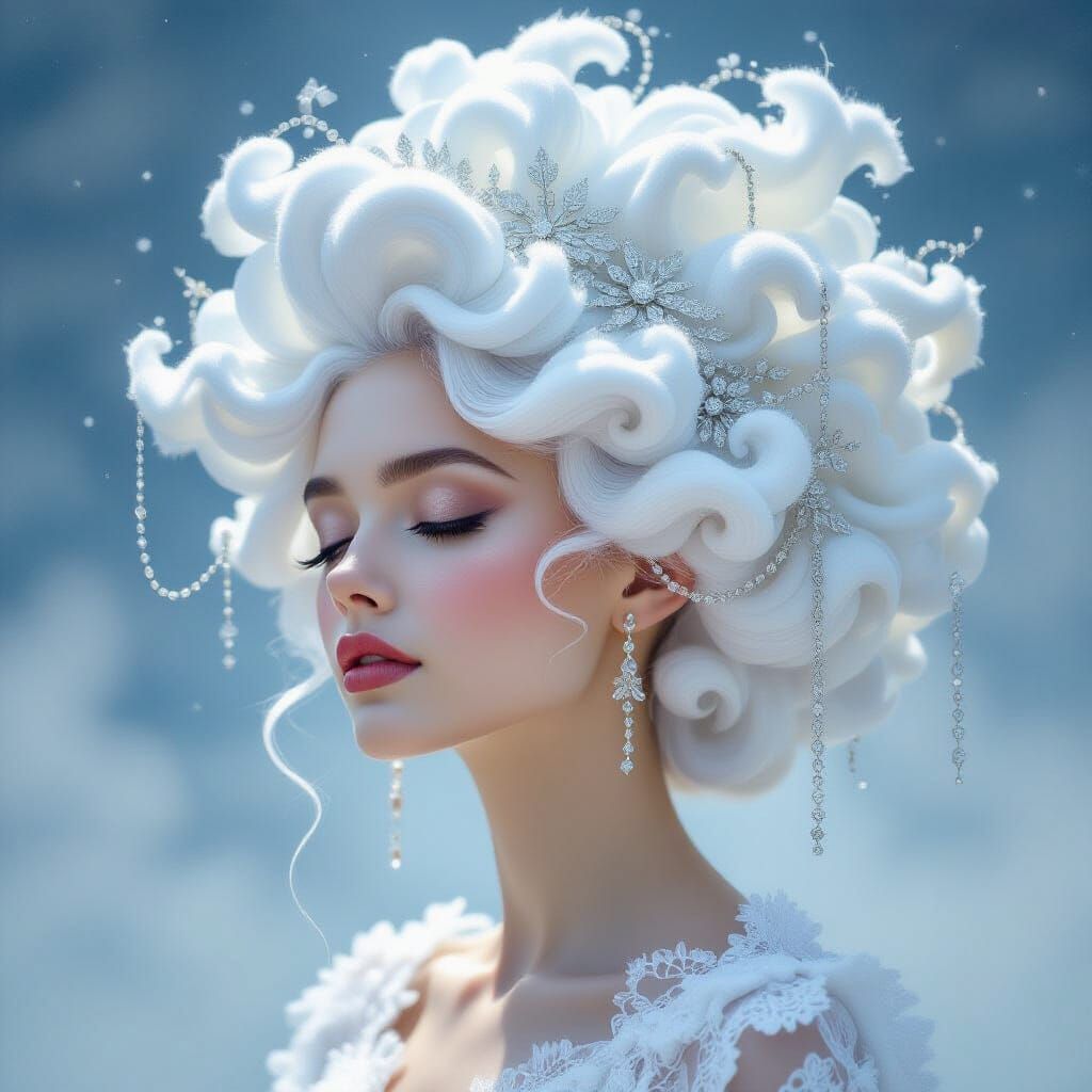 Ethereal Cloud Hairstyle Portrait in Watercolor Style