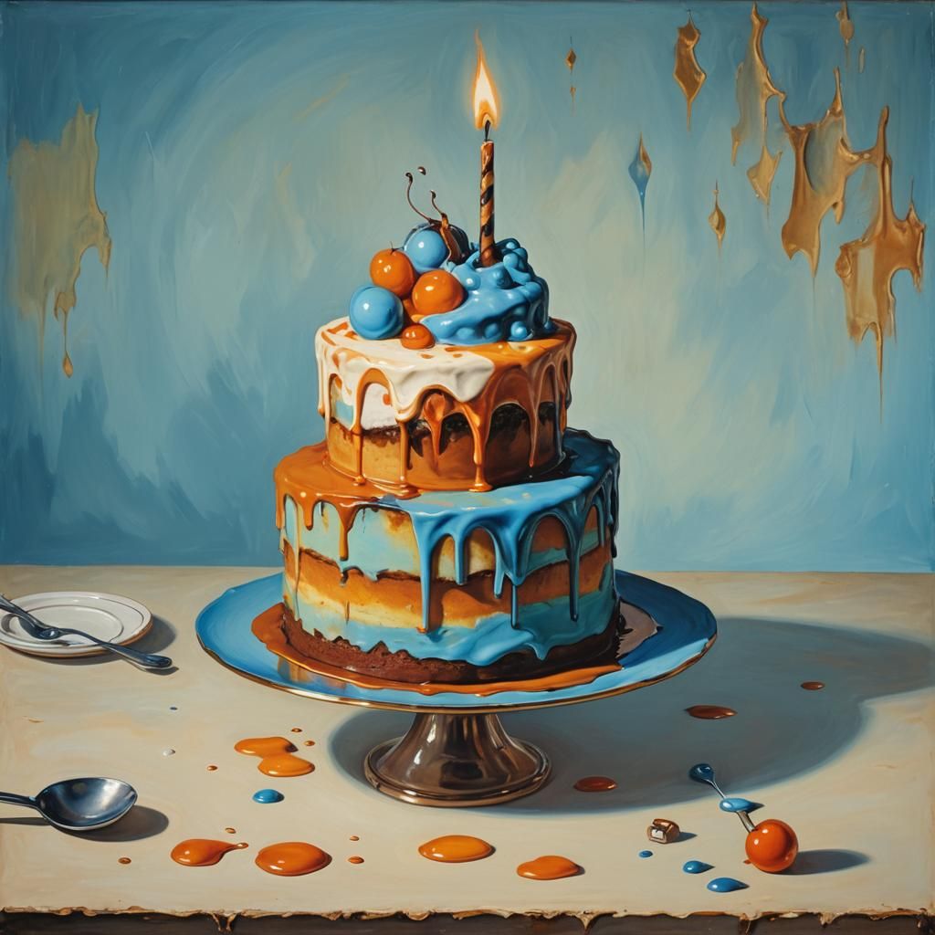 Surrealist André Breton, Salvador Dalí, André Masson style oil panting of a lopsided three tiered cake, cake represents ...