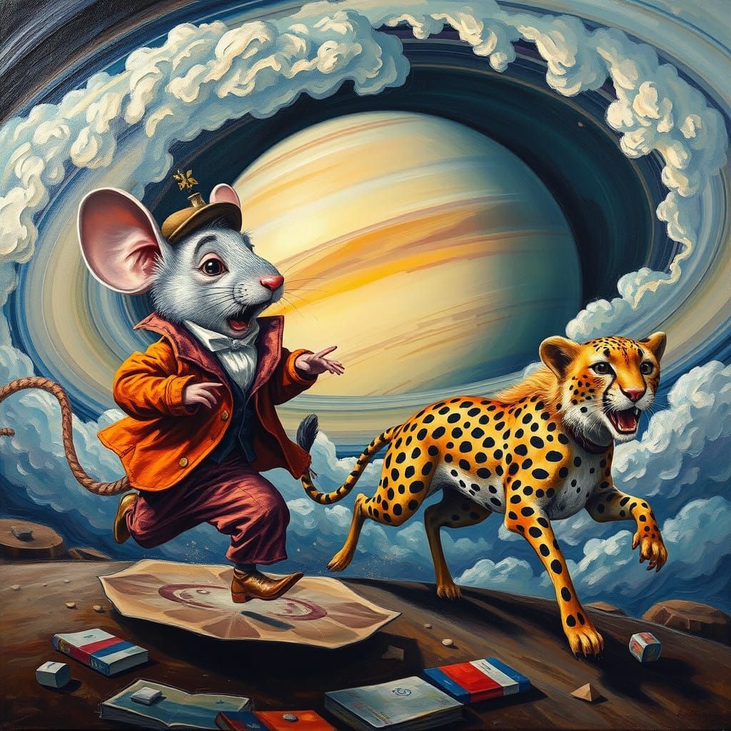 Mouse Pursues Man Chasing Cheetah Across Saturn's Rings in W...