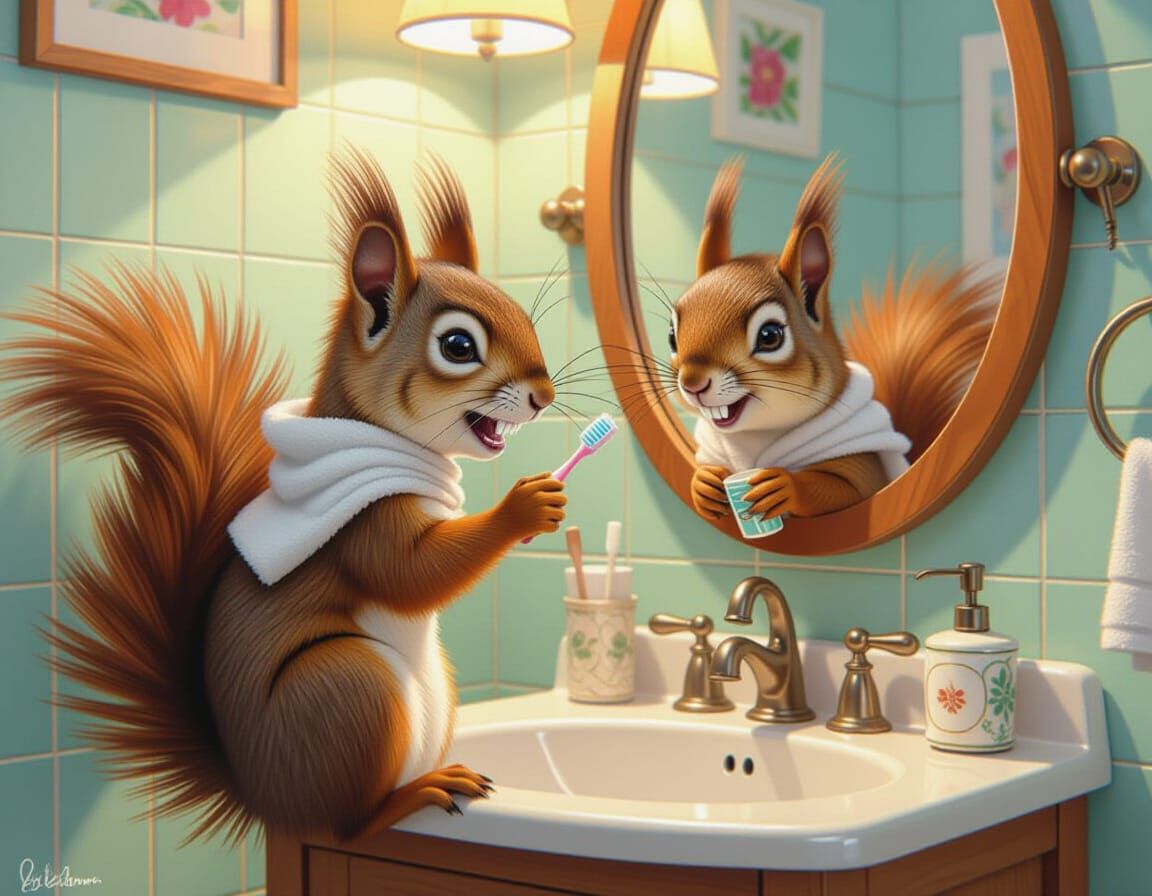 Squirrel Brushing Teeth in Hyperrealistic Splash Art Style