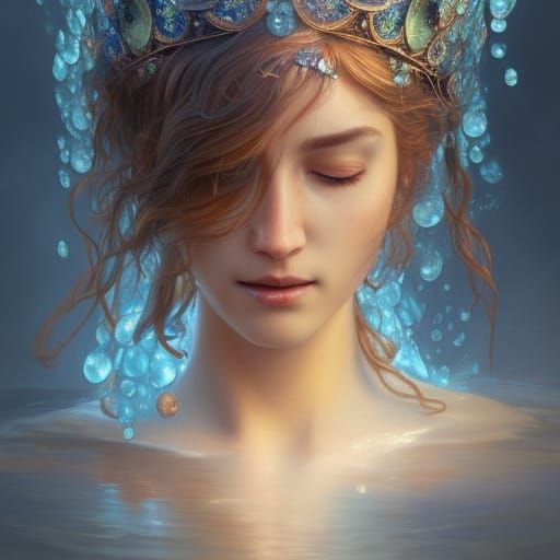 Water Spirit Queen Portrait in Art Nouveau Style