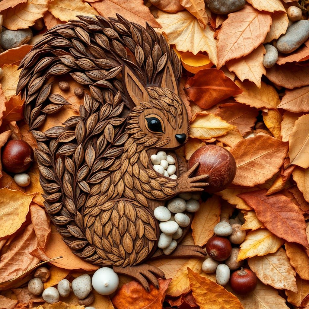 Whimsical Squirrel Made of Autumn Leaves in Pixel Art