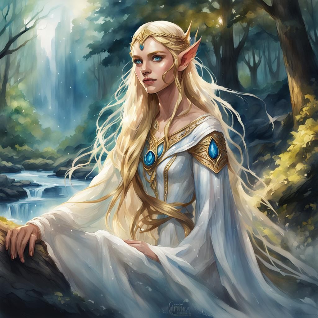 Elegant Elf Queen in Forest River: Watercolor Sketch