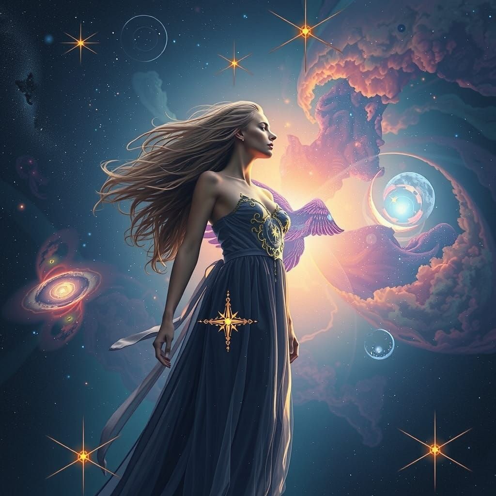 Cosmic Goddess in Vibrant Starry Skies