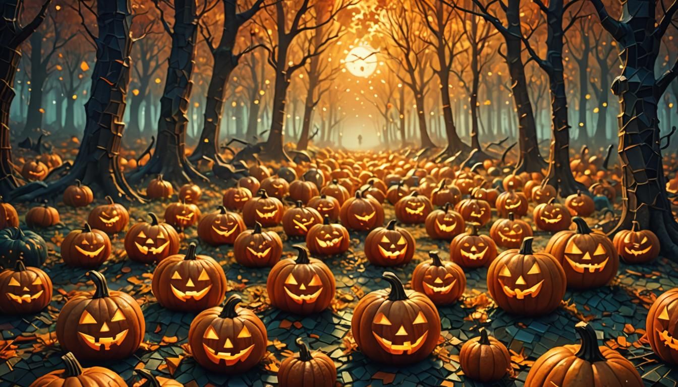 Mosaic Halloween Pumpkins in Autumn Forest, Fantasy Art