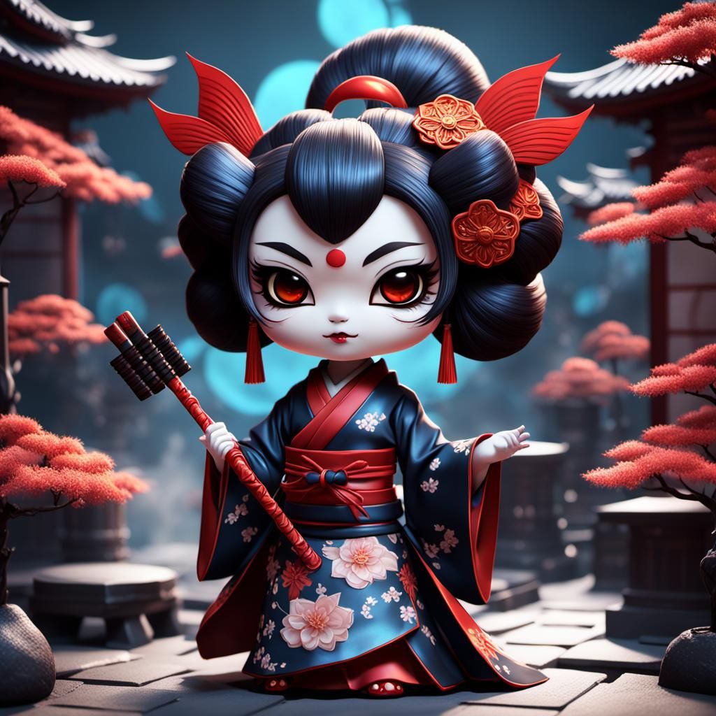 Chibi Demonic Geisha Girl in Detailed Digital Art