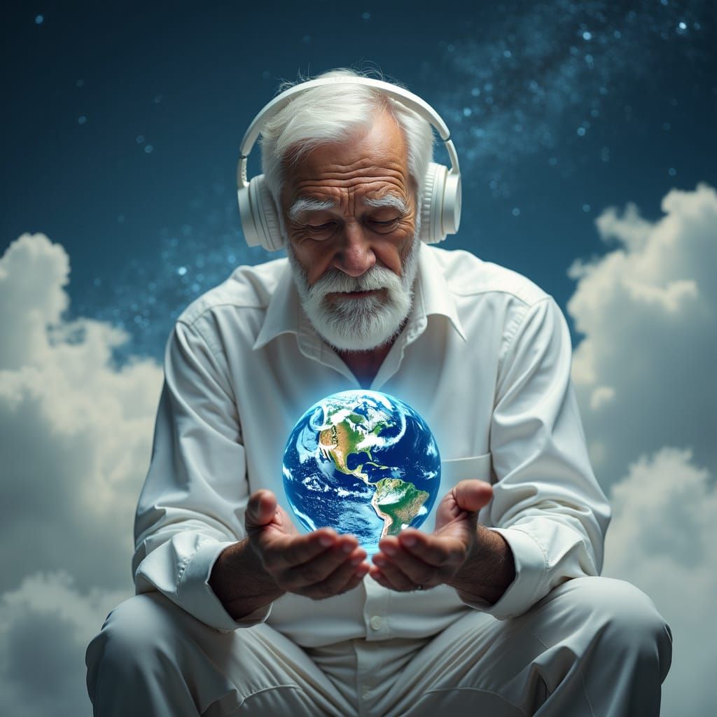 Old Man with Earth Among Stars: Photorealistic Portrait