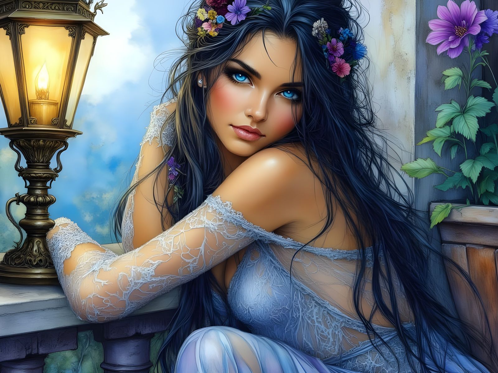Norse Goddess on Balcony in Romantic Style