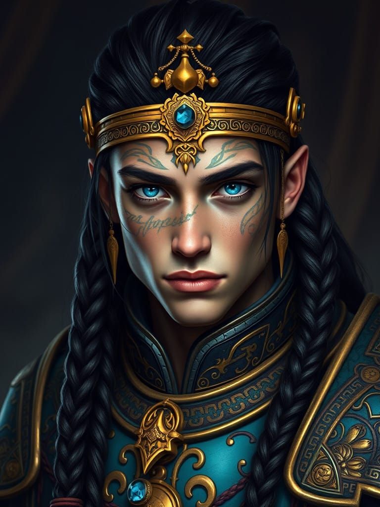 Regal Young Warrior in Ornate Turquoise and Gold Armor