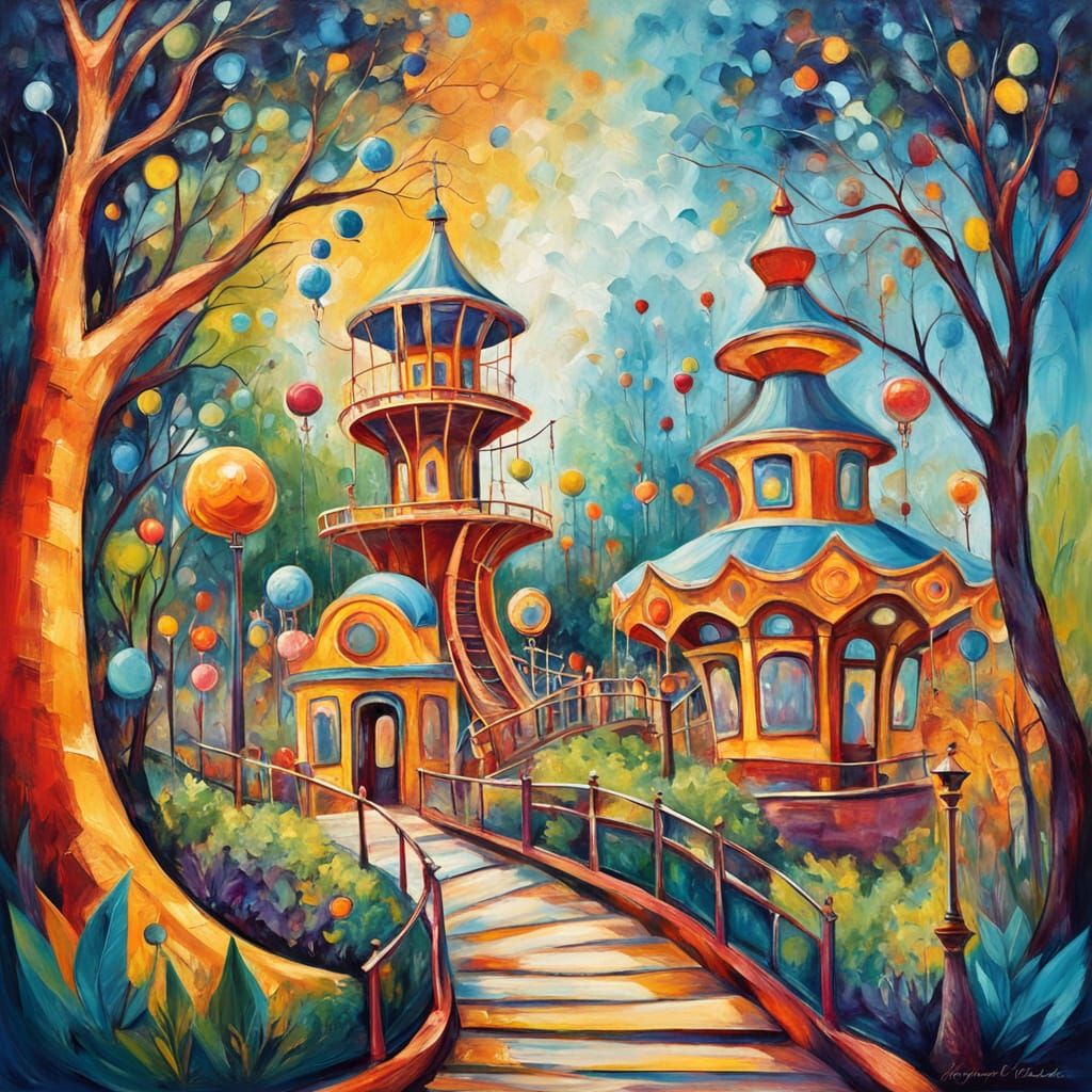 Vibrant Oil Painting of a Whimsical Amusement Park