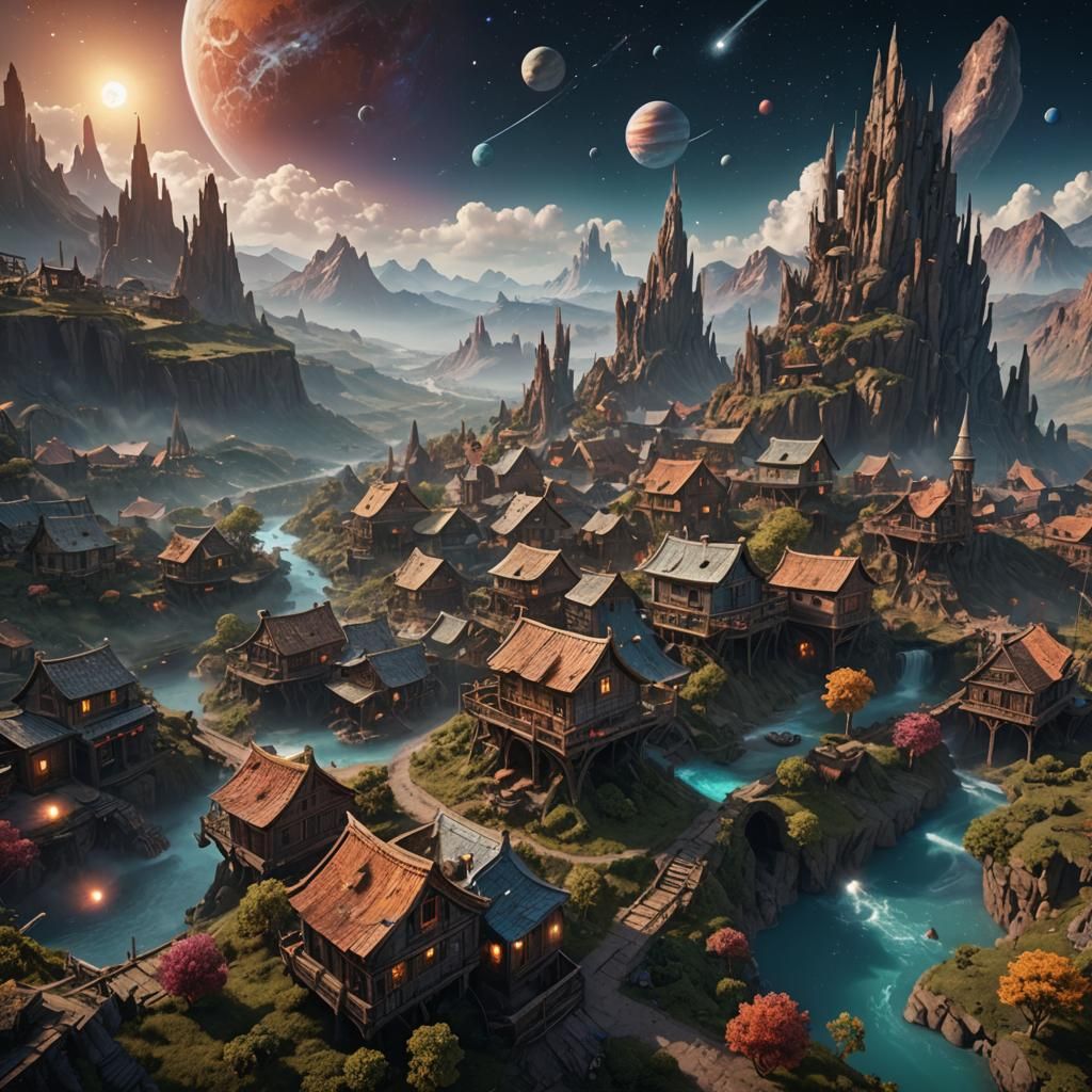 Village Drifting in Space: Fantasy Concept Art