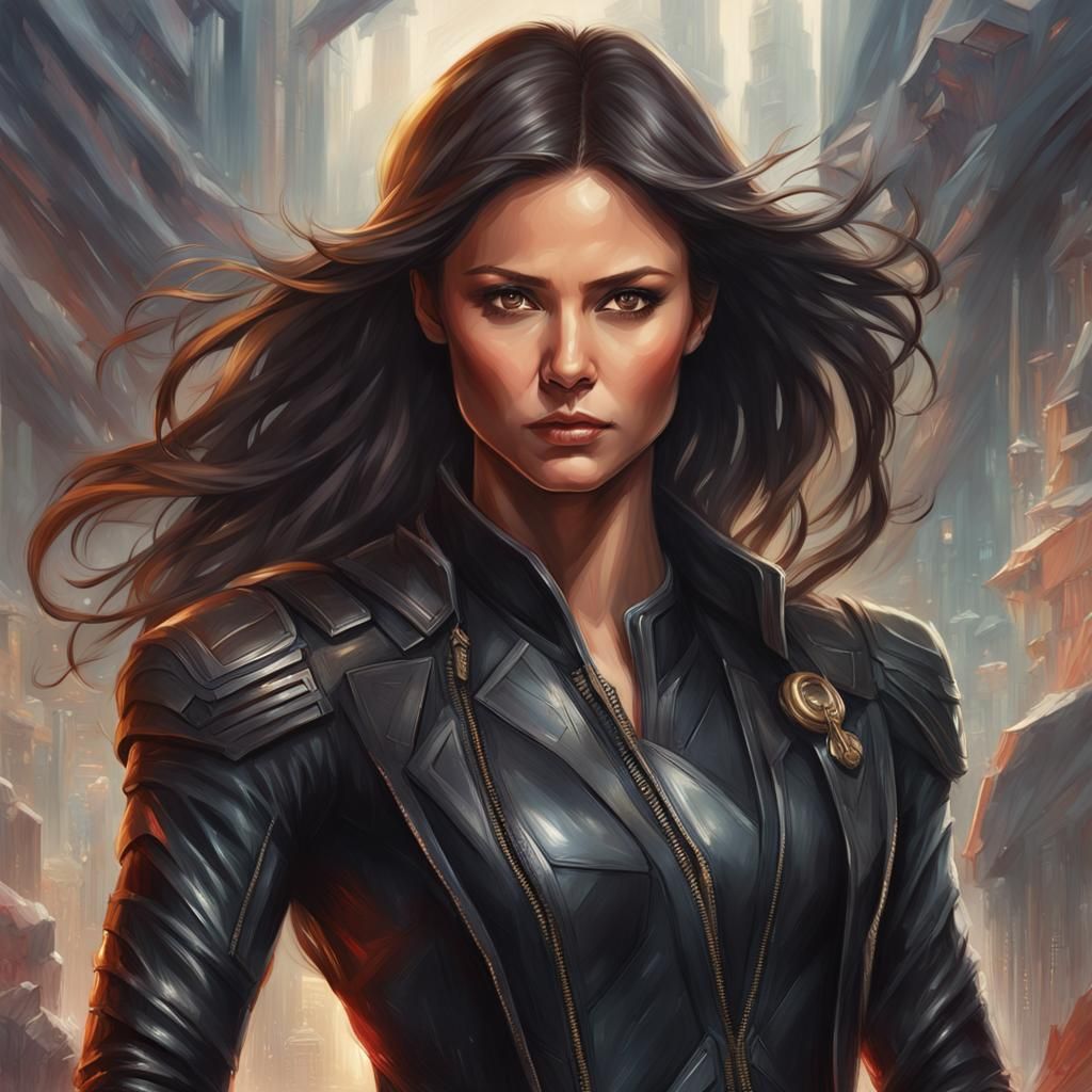 Muscular Nina Dobrev Heroine in Black Leather