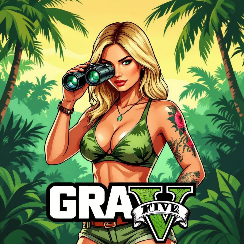 Woman Exploring Jungle, GTA V Cover Art Style