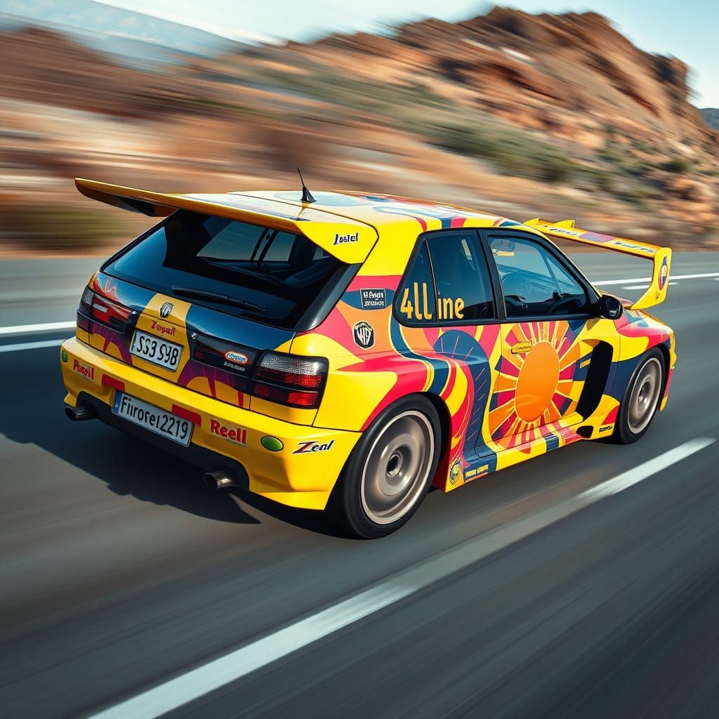 Rally car wrapped in "gold top" artwork