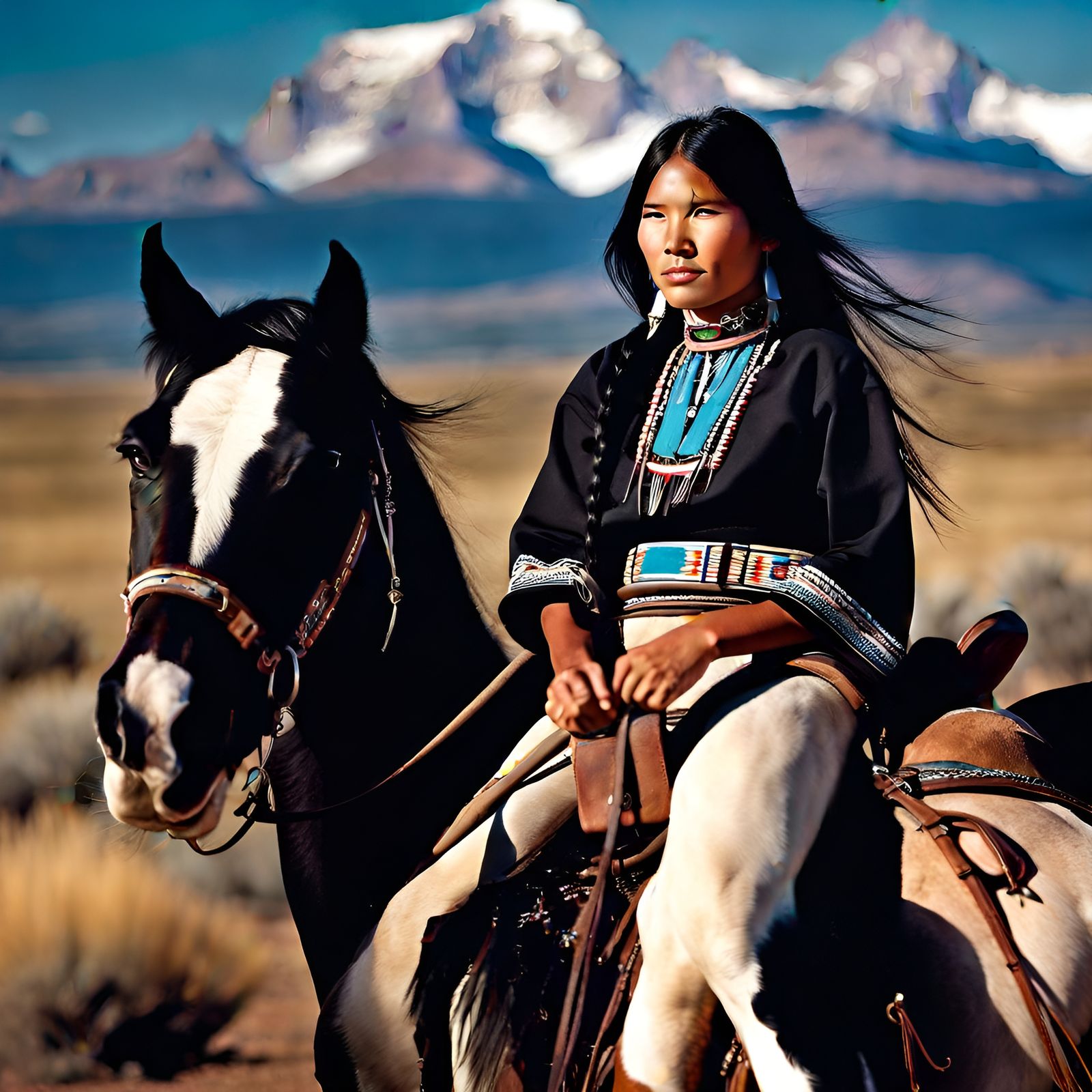 Navajo Girl on Mustang Horse with Mountain Backdrop