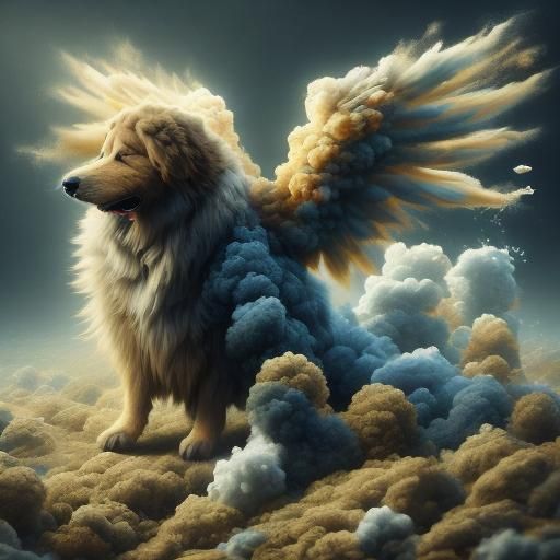 Winged Golden Retriever Angel Dog: Detailed Digital Painting