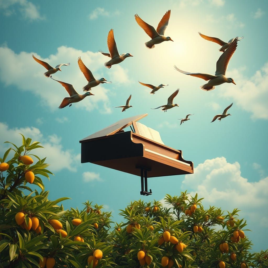 Ducks in Dreamlike Surrealist Landscape with Mango Grove and...