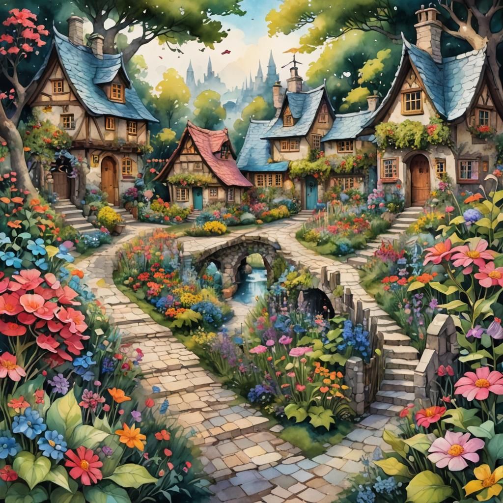 enchanted village, gravel path, vibrant flowers blooming pro...
