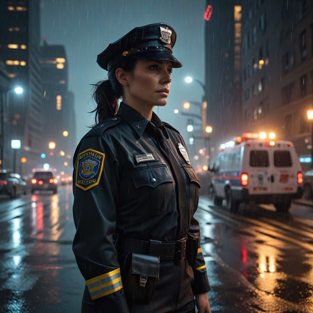 Police Officer Dominates Rainy Night Cityscape