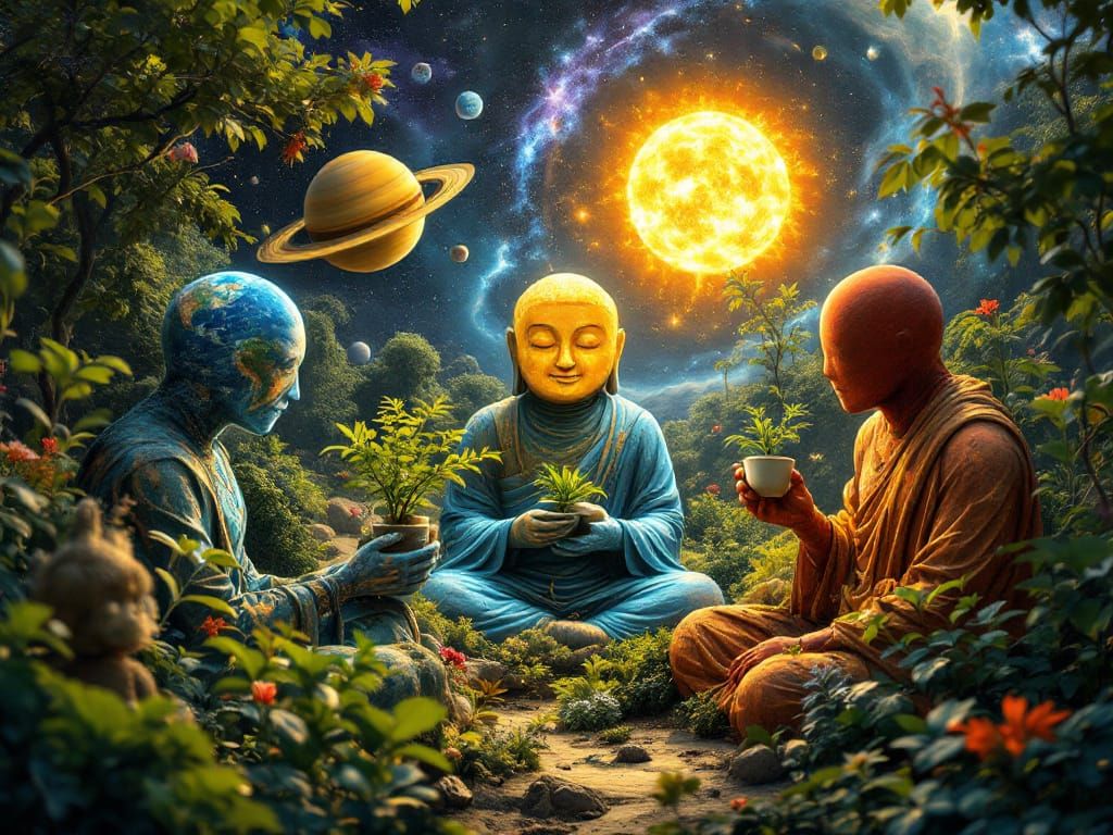 Cosmic Planets Gather for Tea in Magical Garden