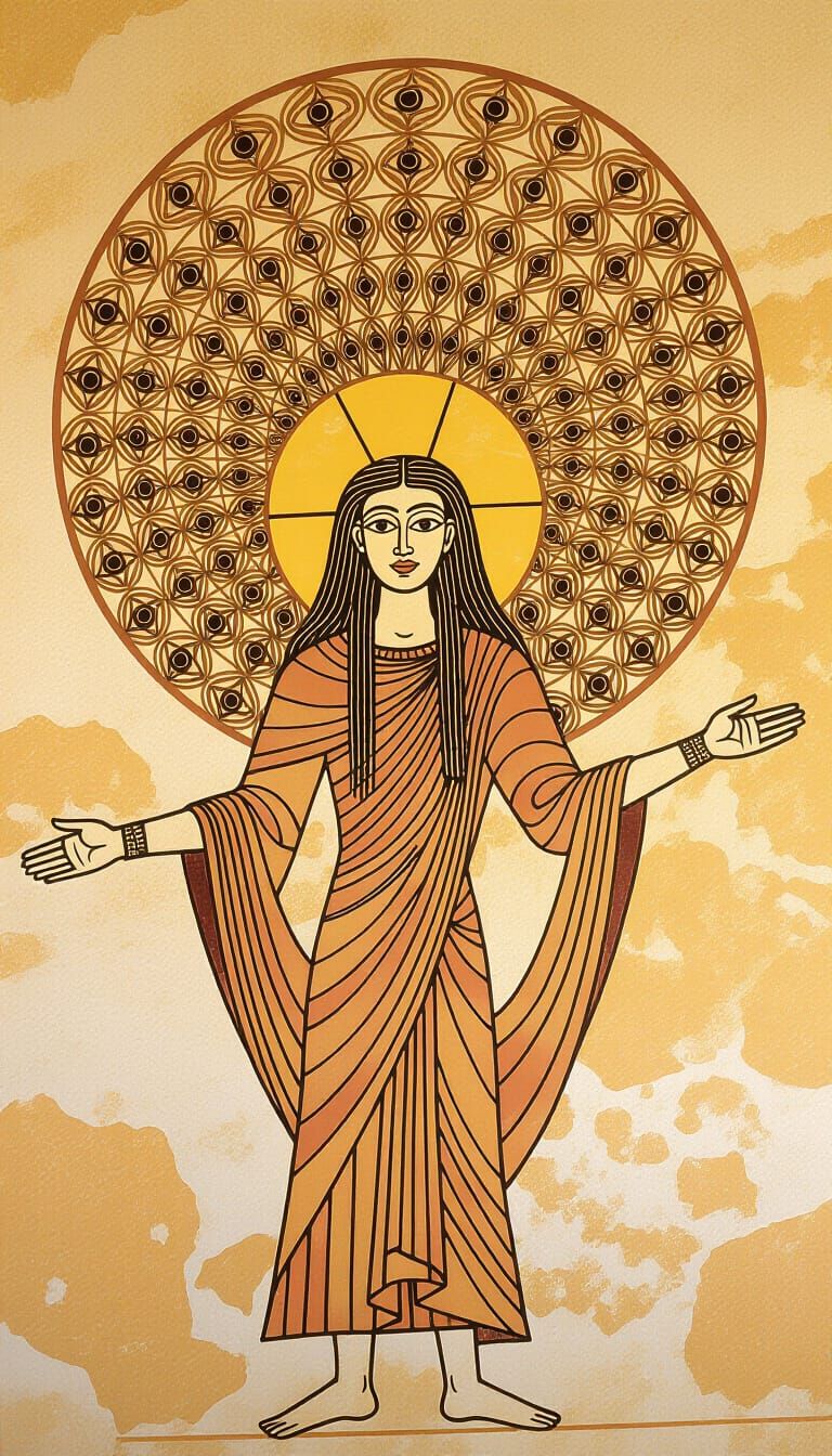 Ancient Cave Painting of Ethereal Figure with Eye Symbols