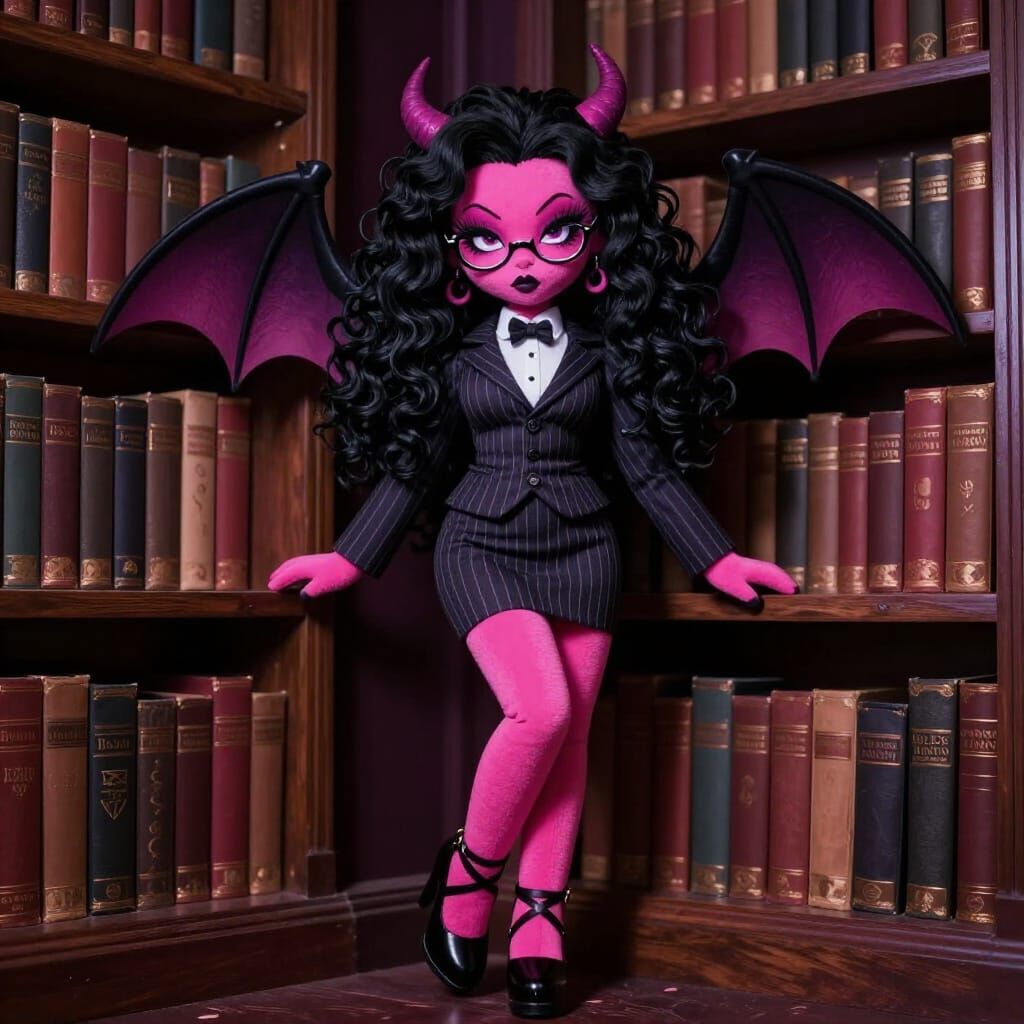 Plush Demoness Librarian in Pinstripe Suit