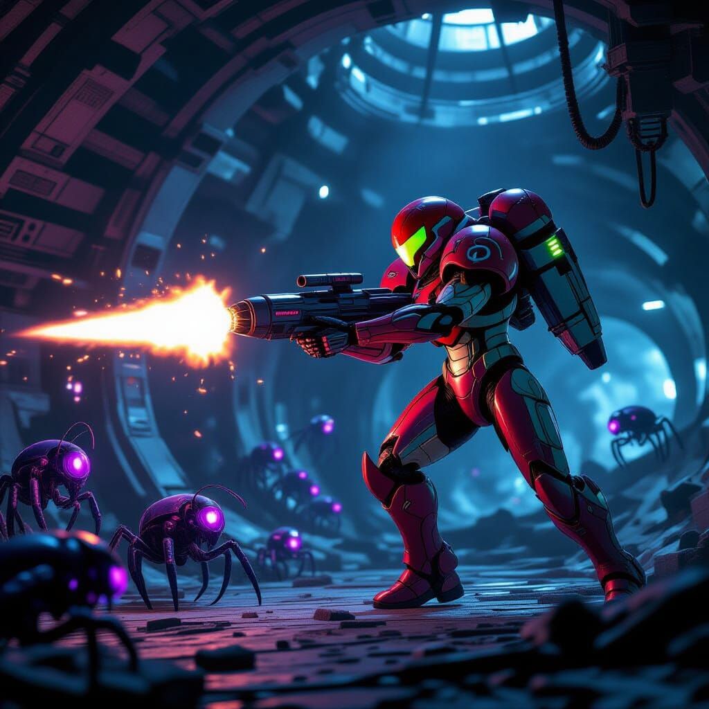 Samus Aran vs Ridley in Giger-Inspired Spaceship