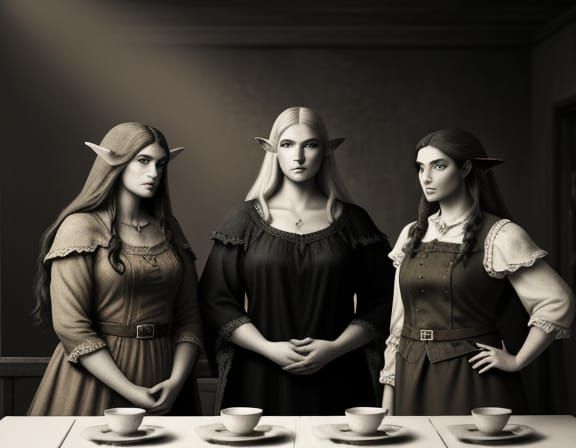 Elf Acolyte and Friends in Sepia Tones