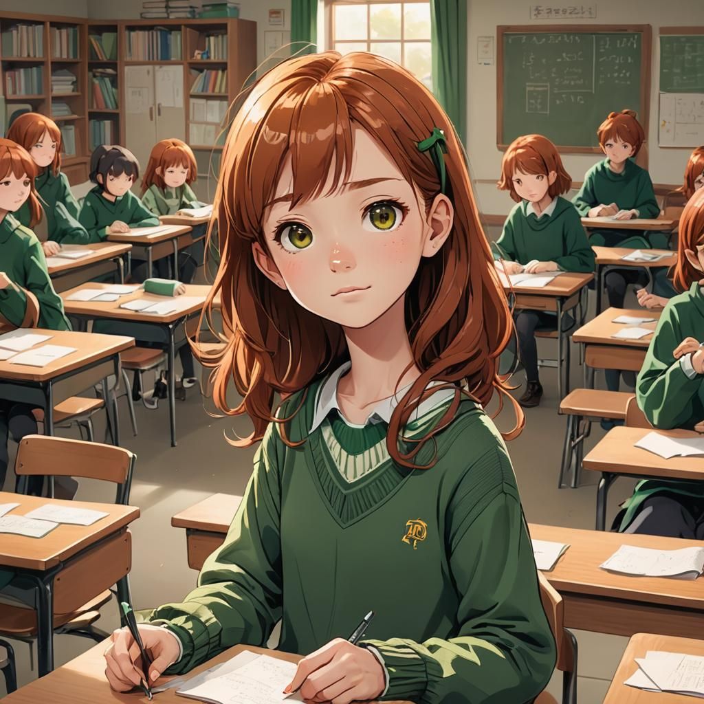 Ginger-Haired Anime Girl at School in Manga Style