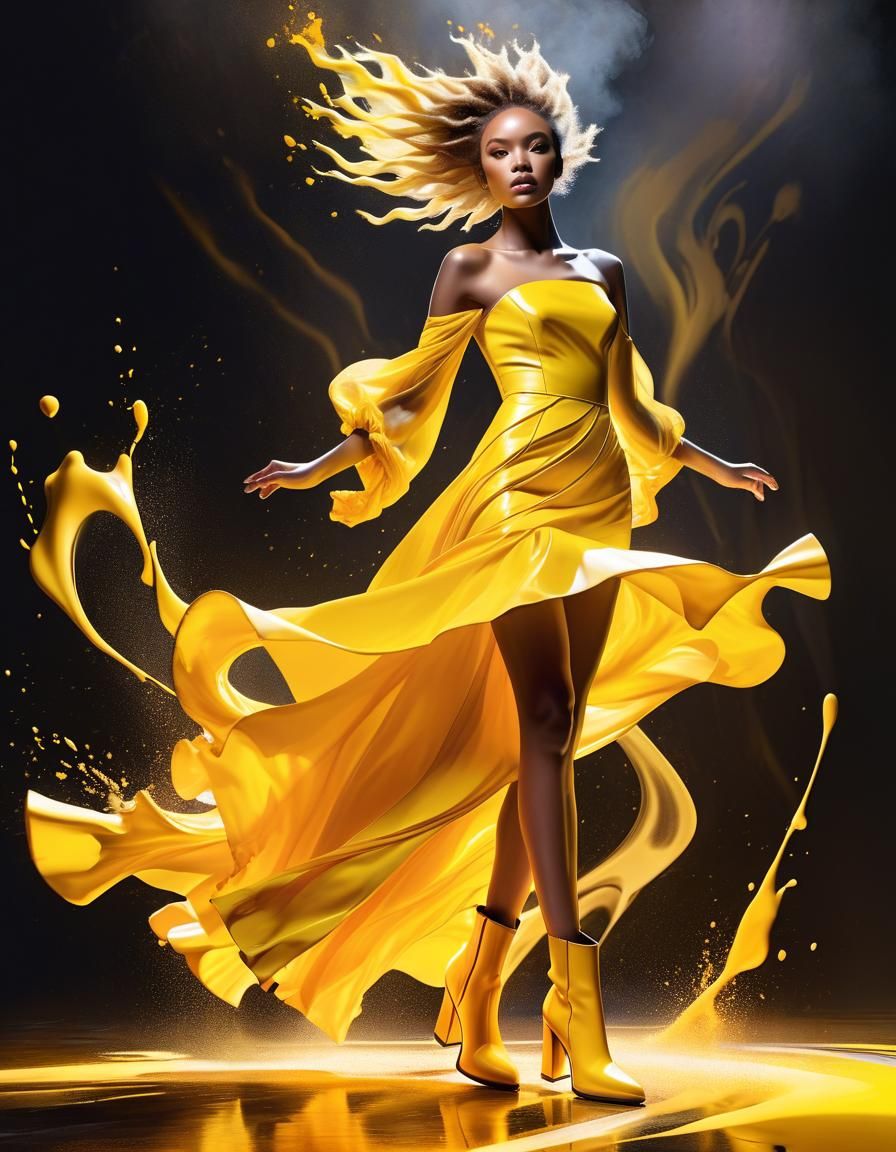 Model in Flowing Yellow Gown with Abstract Background