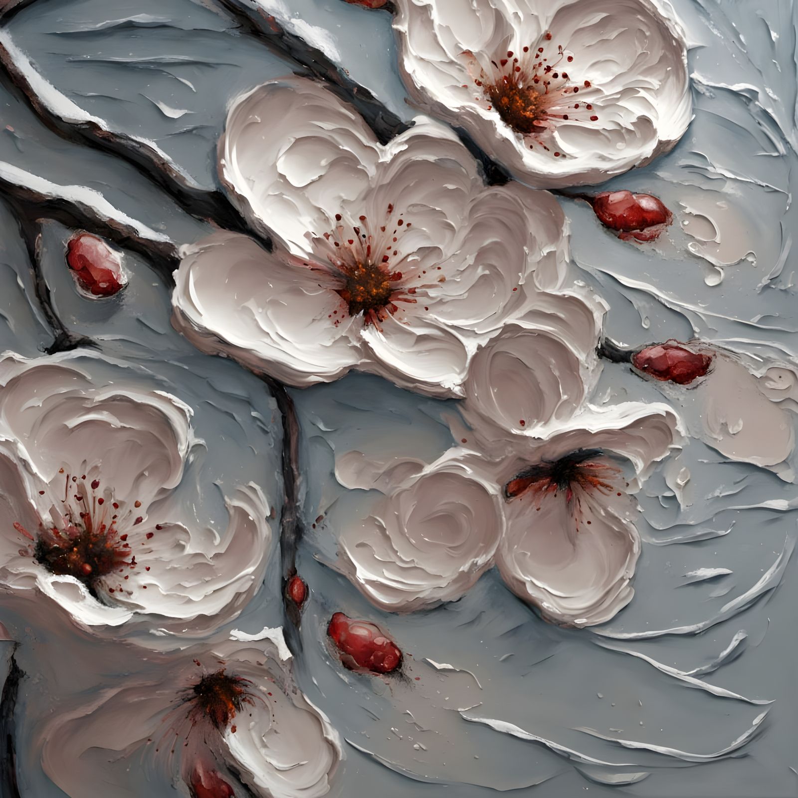 Impasto Oil Painting of Cherry Blossoms Falling in Wind
