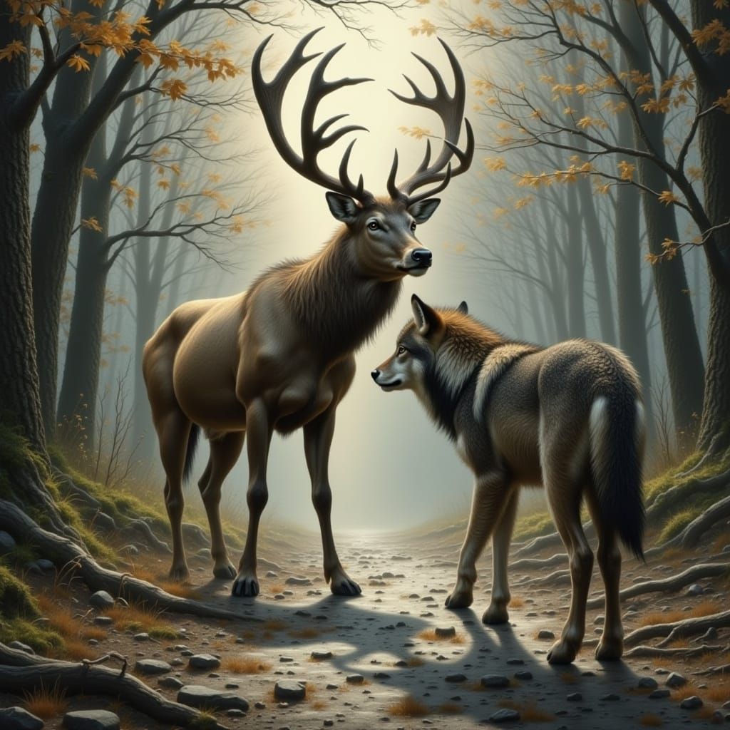 Deer with Large Antlers Confronts Wolf