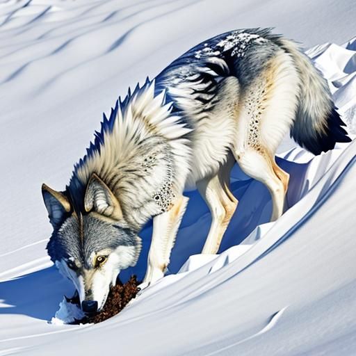 Wolf Buries Meat in Snowy Landscape