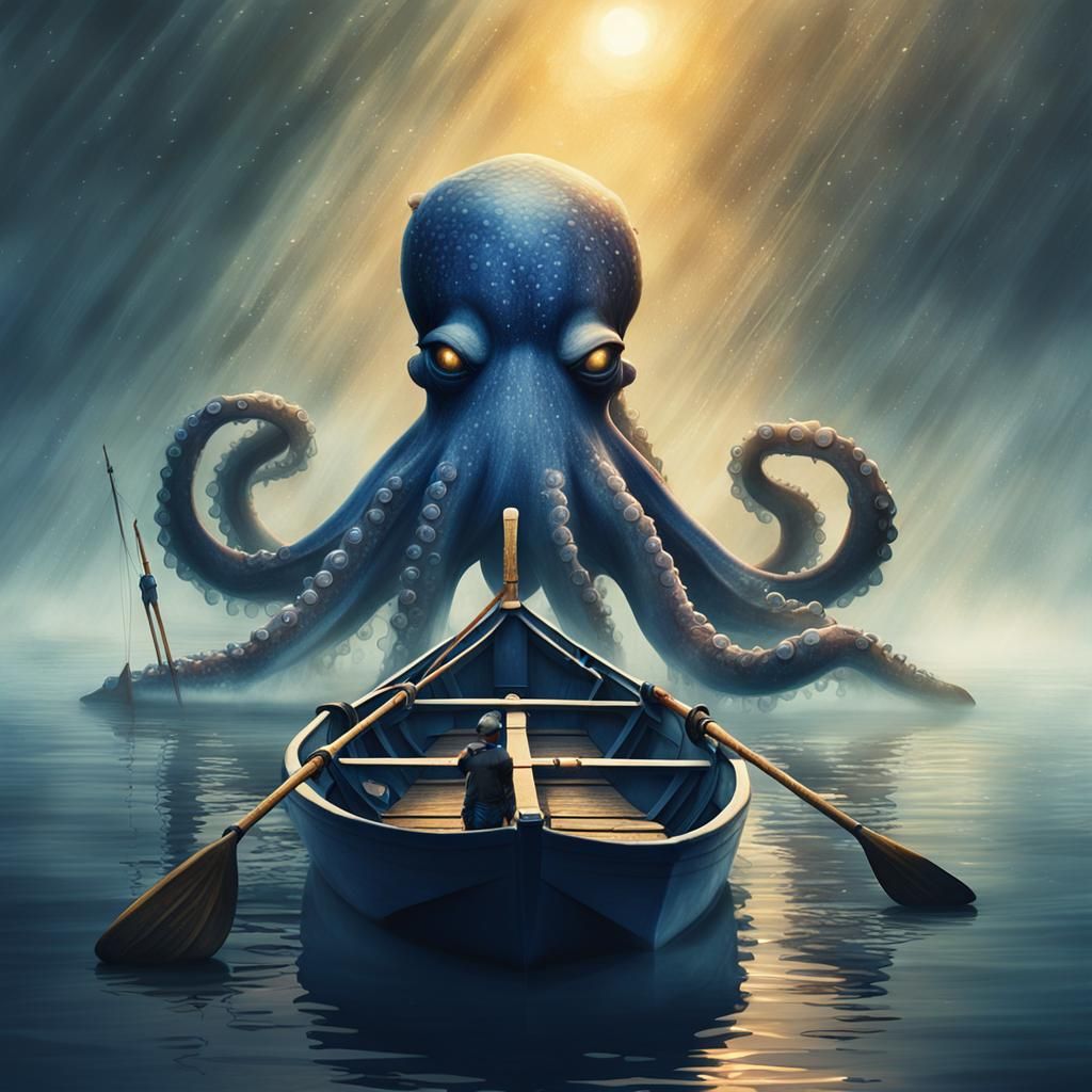 Giant Octopus Paddling Rowboat in Misty Waters
