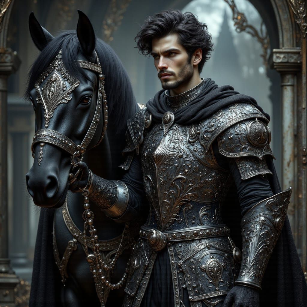 Ornate Knight in Metallic Armor Beside Black Horse