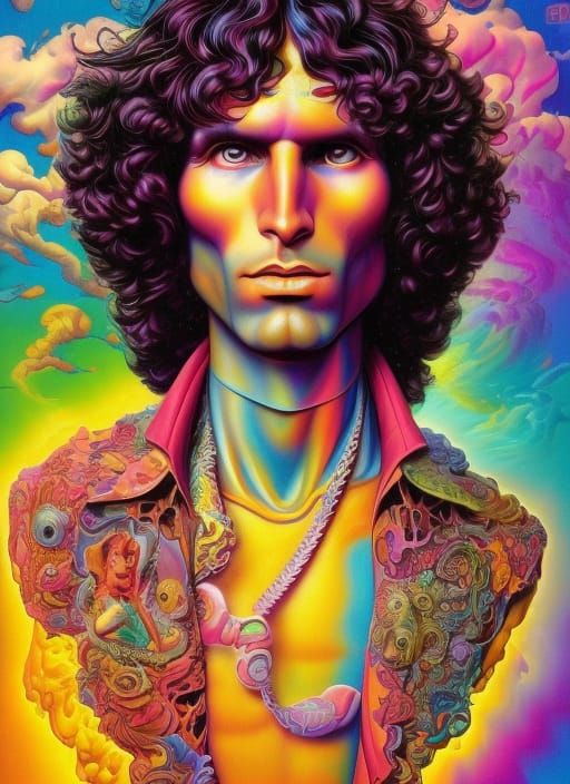 lisa frank psychedelic fantasy character portrait of Jim Morrison with long hair, ultra realistic, wide angle, intricate...