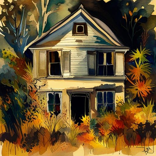 Overgrown Abandoned House in Watercolor Wash