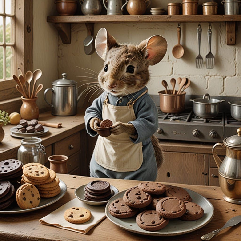 Whimsical Mouse in Cozy Cottage Kitchen Scene