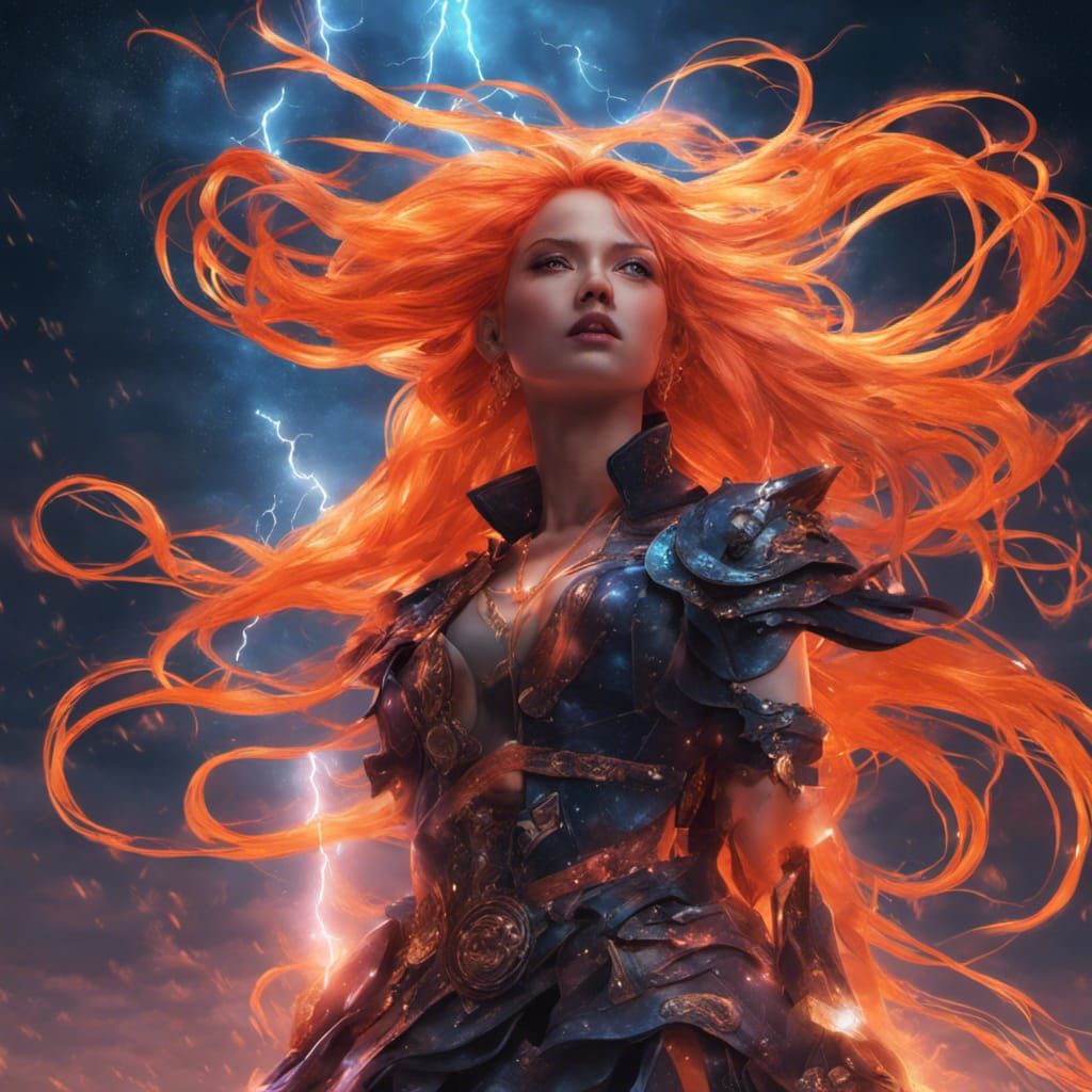 Anime Woman with Neon Hair in Galaxy Storm